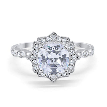 14K White Gold Art Deco Wedding Ring Cushion Cut Simulated Cubic Zirconia
